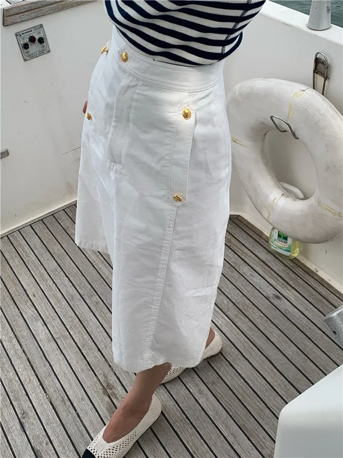 

Summer New Women Skirt High Waist A-line White Gold Button Long Skirts