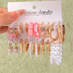 Fashion Imitation Pearl Bead C-shaped Earrings Bohemian Acrylic Pink Butterfly Pendant Hoop Earring Women's Summer Beach Jewelry