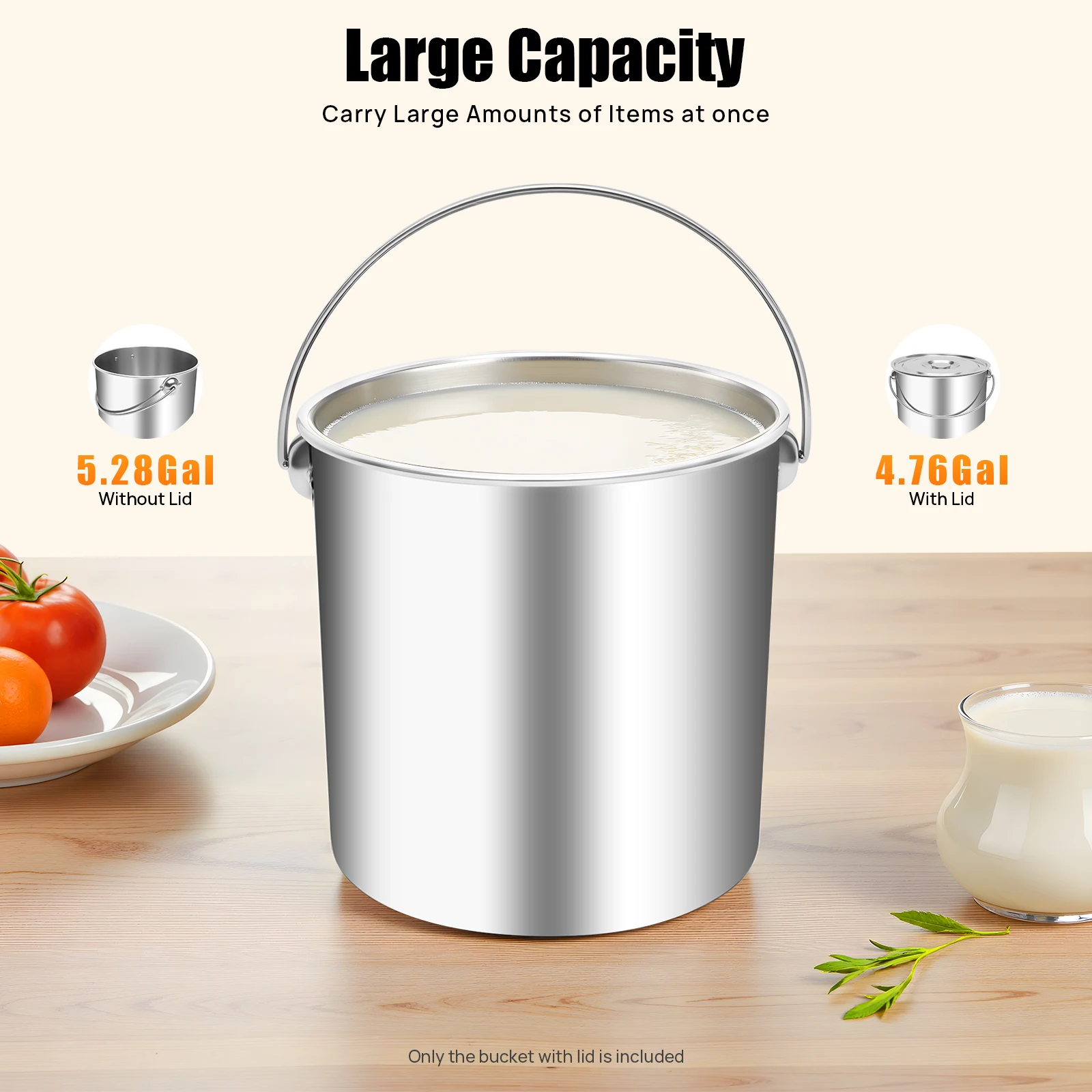 

20L Premium 304 Stainless Steel Bucket: Durable, Rust-Resistant with Lid and Handle for Storage, Gardening, and Travel