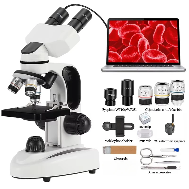 40X-1000X Compound Binocular Microscope with Dual LED Illumination, Optional Digital Camera for PC, for Microorganisms and Cells