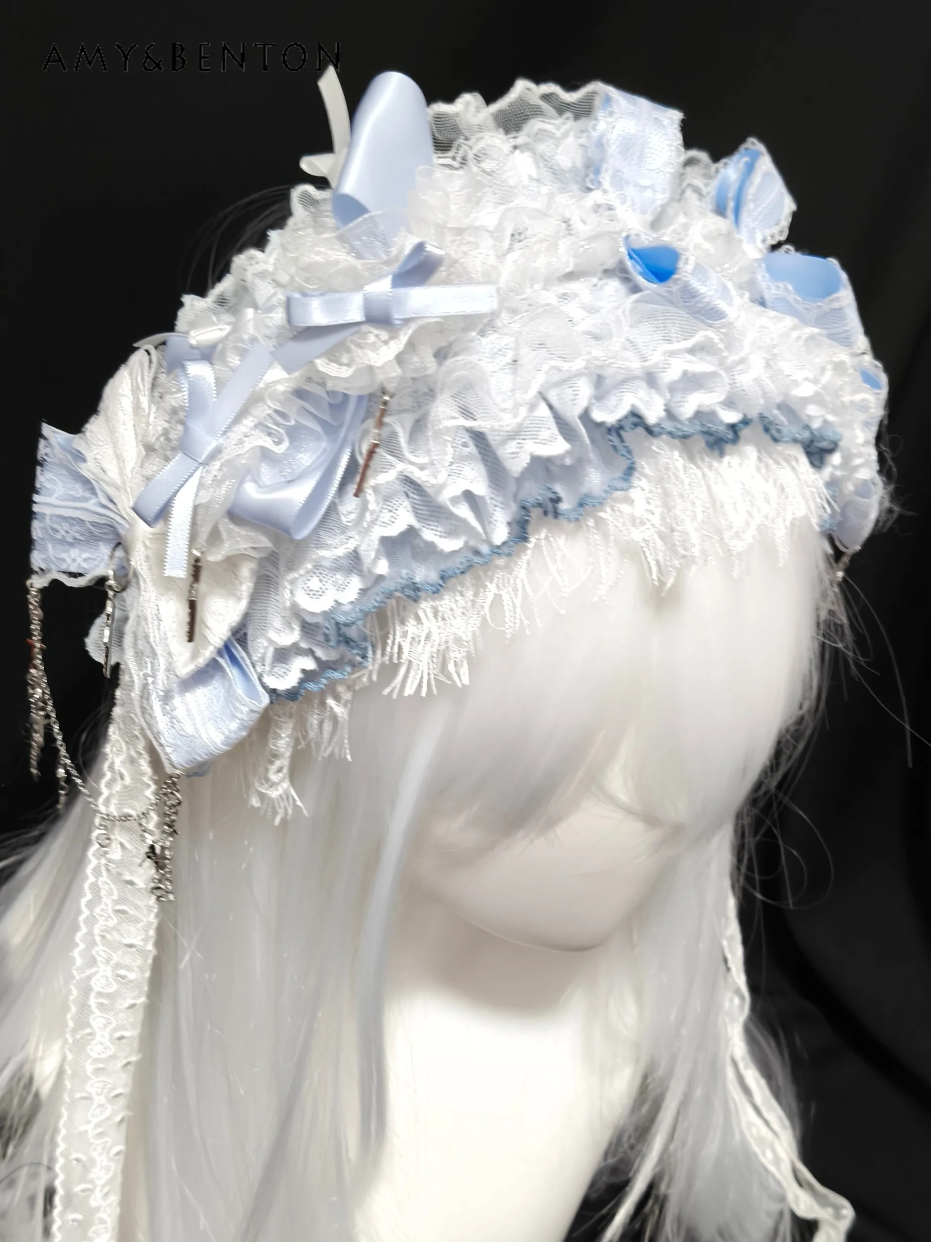 

Sweet Light Blue Lolita Headband White Lace Ruffle Hairband with Cross & Bow Kawaii Cosplay Party Headwear Women Hair Accessory