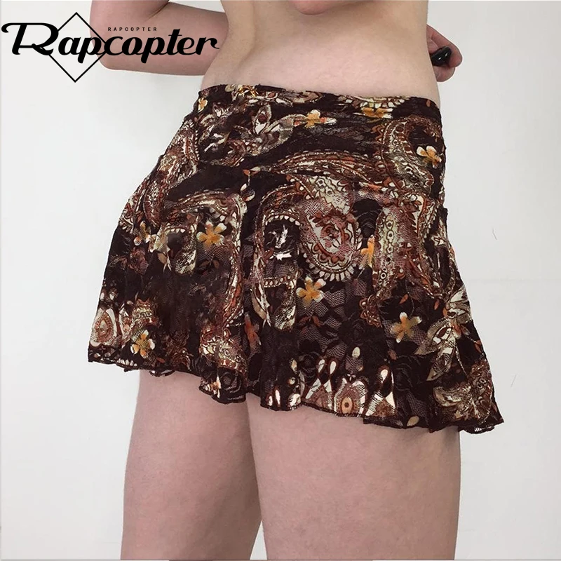 Rapcopter y2k Vintage Print Mini Skirts Lace See Through Bogo Grunge Pleated Skirts Summer Holiday Beach Cute Short Skirts 90s