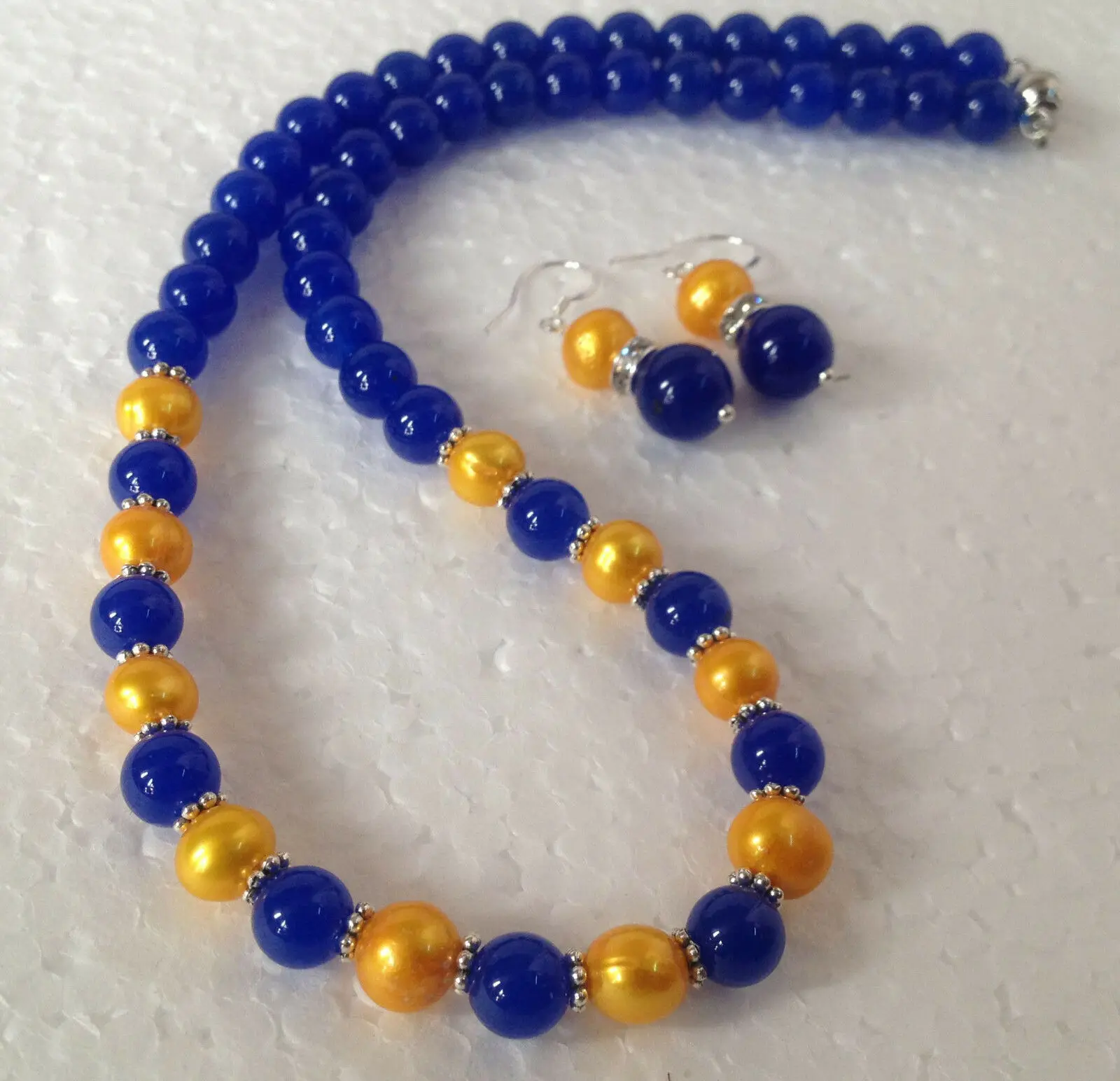 

Genuine Golden Akoya Cultured Pearl/Blue Jade Beads necklace 18" earrings Set