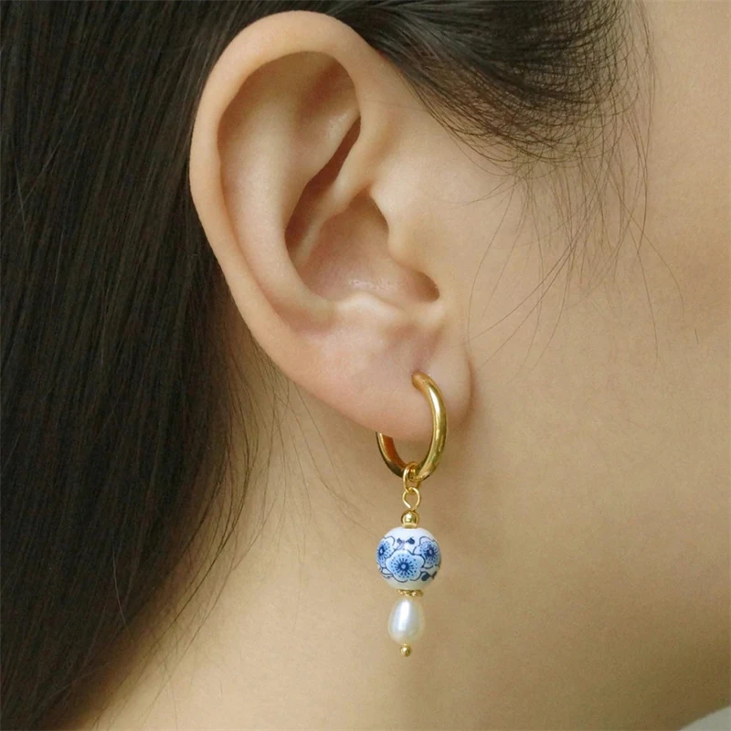 Retro New Chinese Ceramic Blue Printed Love Earrings National Trend Style Stainless Steel Imitation Blue and White Porcelain