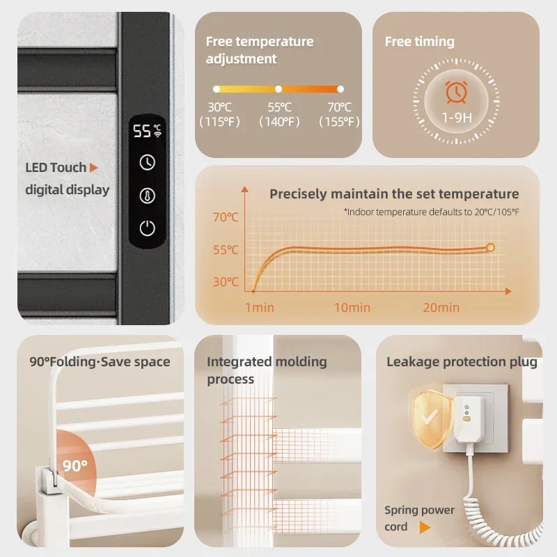 Toallero eléctrico con calefacción, pantalla Digital, Control de temperatura, calentadores de toallas inteligentes para baño, toalla térmica aeroespacial de aluminio