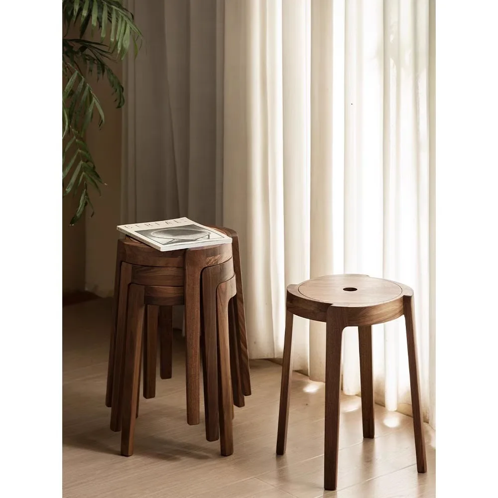 Solid wood windmill stool walnut round stool dressing stool flower stand retro creative stackable dining chair