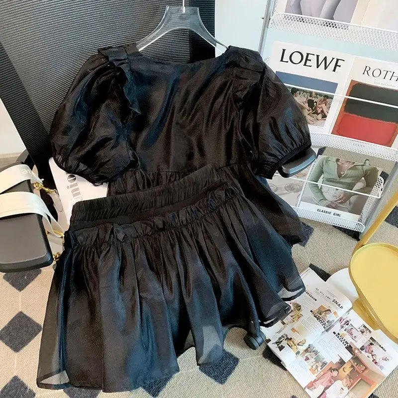 Short Sleeve Blouse Wooden Ear Edge Patchwork Shorts Wide Leg Black Doll Shirts Two Piece Set Women Summer Outfits Chiffon Shirt