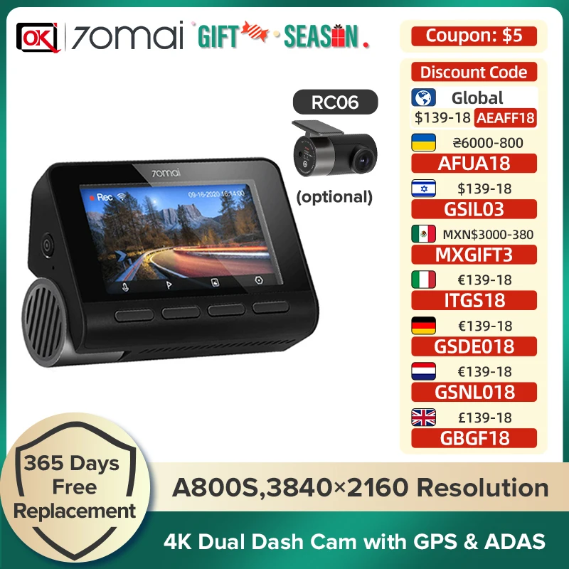 70mai A800S 4K Dash Cam 3840X2160 Resolution Dash Camera Support GPS, Rear Camera Dual Vision, WiFi