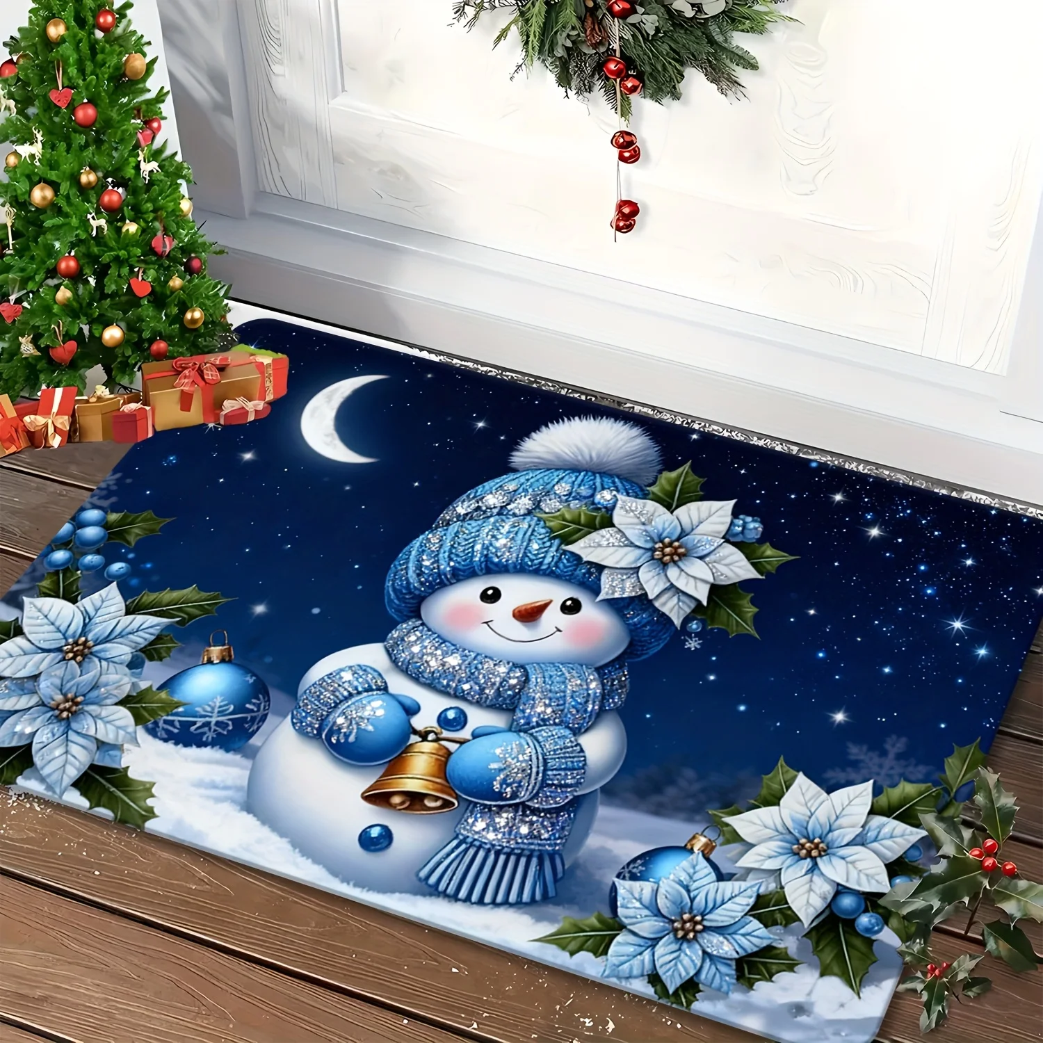 Pink Xmas Tree Gift Doormat Merry Christmas Bell Bow Print Entryway Floor Mat for Front Door Indoor Holiday Party Home Decor