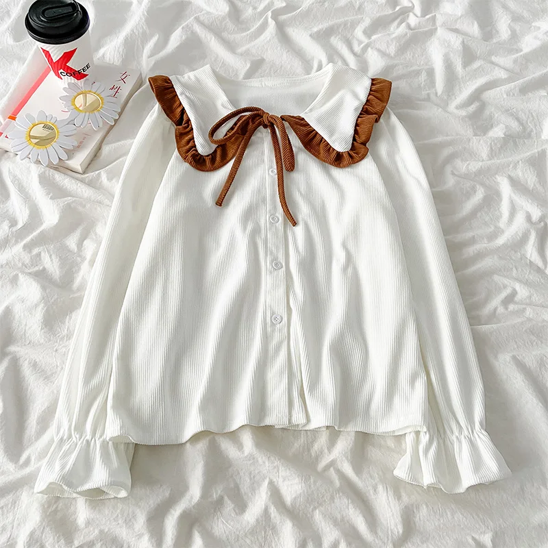 Preppy style women cute Lolita blouse autumn sweet peter pan collar Loose shirt female elegant white apricot Long sleeve blusas