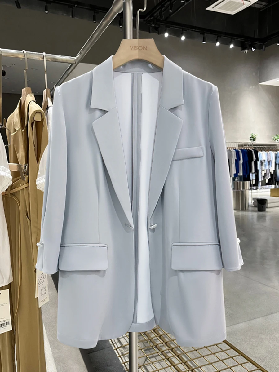 

Светло-голубой корейский тонкий летний пиджак-блейзер для женщин, новый, с пуговицами, белый, повседневный, подчеркивающий фигуру