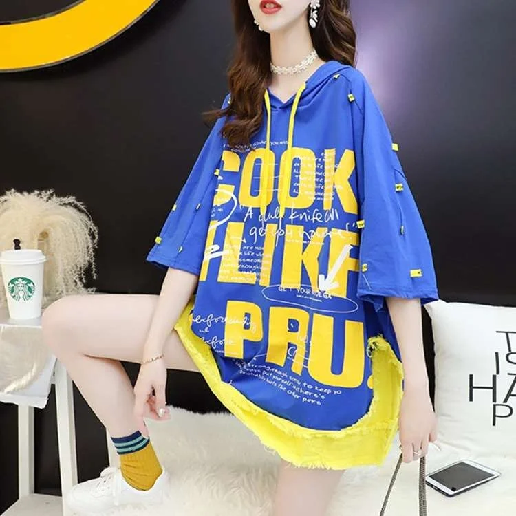 

Contrast Color Stitching ort-Sved T-irt Women's Summer Cotton Casual Faion Top for Ladies Spring Season Wear