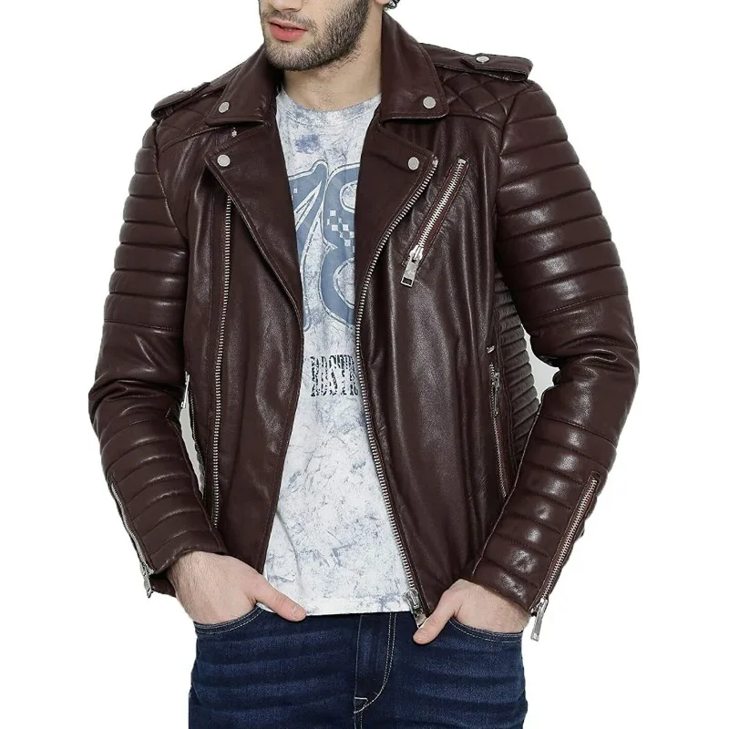 

Men's Dark Brown Quilted Leather Jacket Rider Genuine NAPA Pure Soft Winter Coat