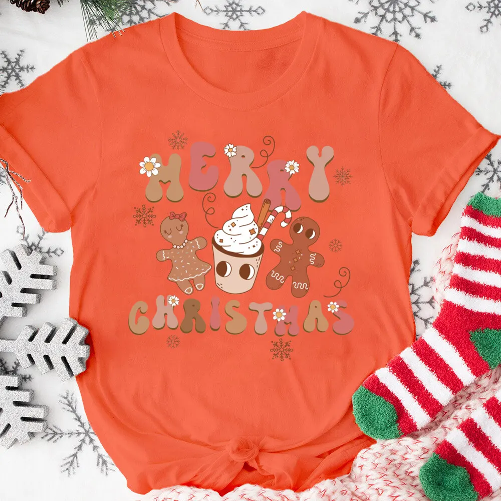 Merry Christmas Women\'s Short Sleeve Tee Christmas Gingerbread Cookies Printed Shirts Xams Party T-shirt Holiday Outfit Tee