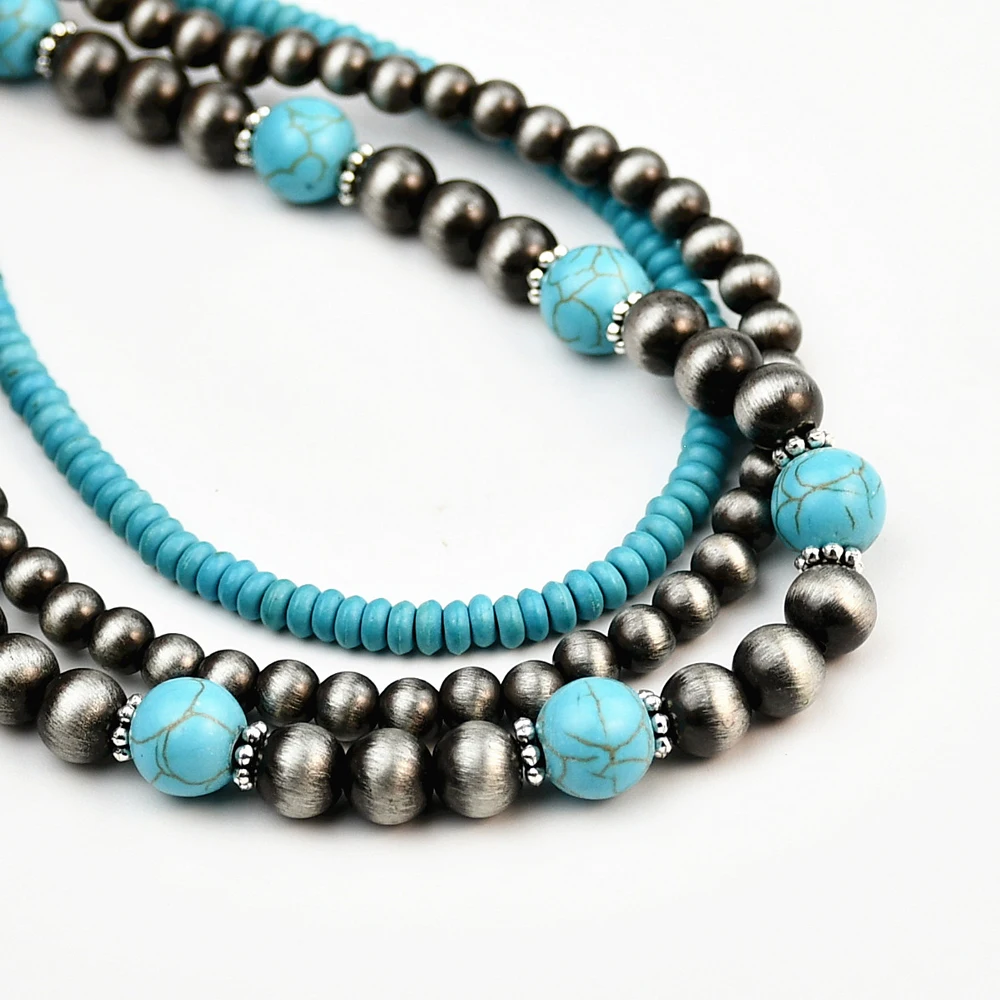 Yumfeel 3pcs Western Style Navajo Pearl Vintage Turquoise Beaded Necklaces Women Bohemian Vacation Handmade Choker