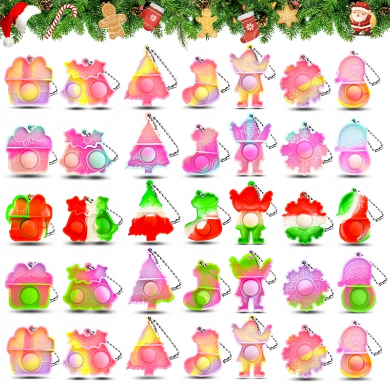 10-30pcs Mini Pop Keychains Stress Relief Toy Tree Hanging Ornaments Christmas New Year Party Gift Home Decoration Fidget Toys
