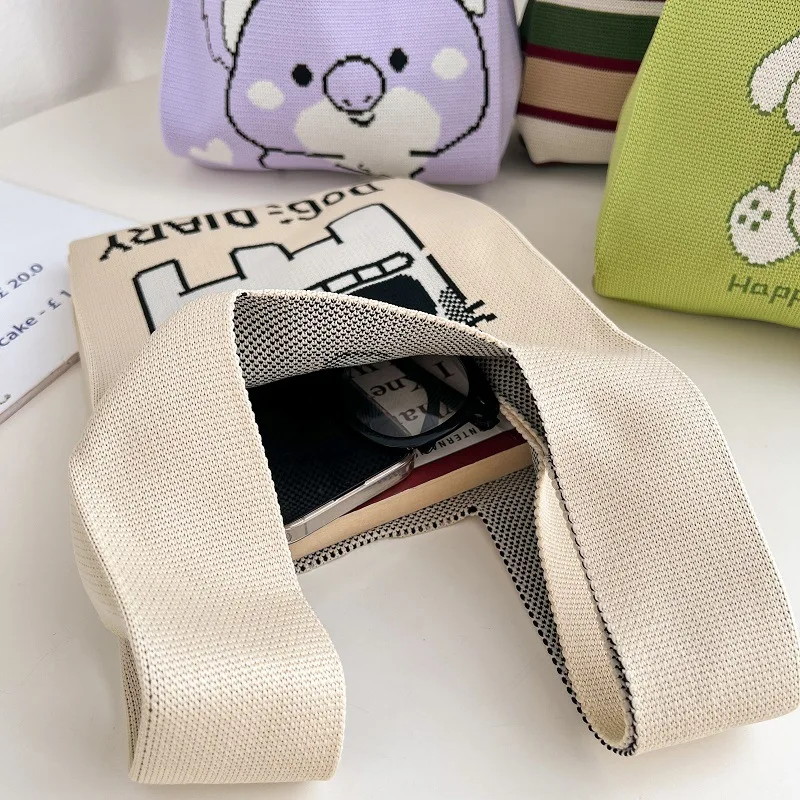 Cute Koala Handmade Knitted Handbag Retro Stripe Women Mini Knot Wrist Bag Niche Design Shoulder Tote Bag Reusable Shopping Bag