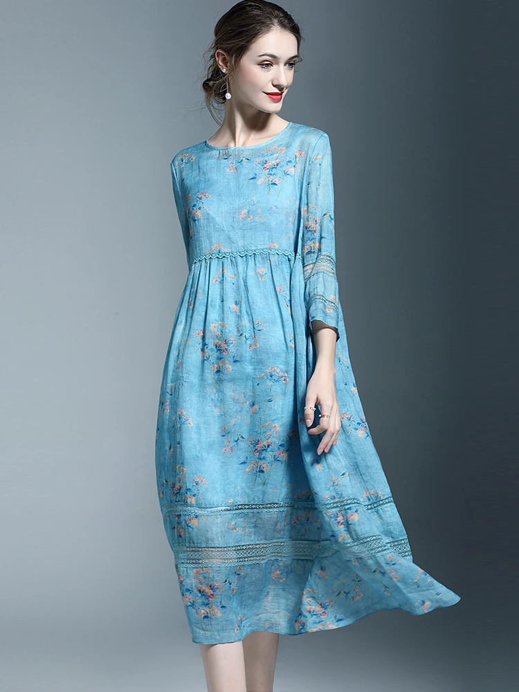 

Spring Summer Female Luxury Designer y2k Five-point Sleeve Midi Loose Casual Slim Ramie Print Elegant Party Evening Dress Women