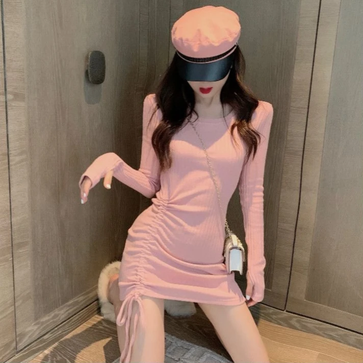 Elegant 2026 Spring Autumn Knit Dress Women Round Neck Drawstring Waist Slim Fit Mini Skirt Unique Design Chic New