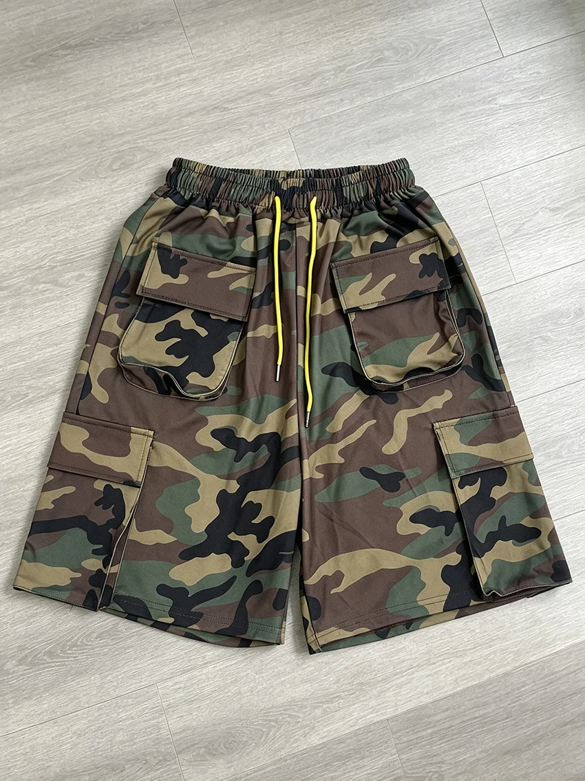 Women Summer Camouflage Cargo Shorts Loose Elastic Waist Bright Drawstring Multi Big Pockets Street Fashion Casual Short Trouser