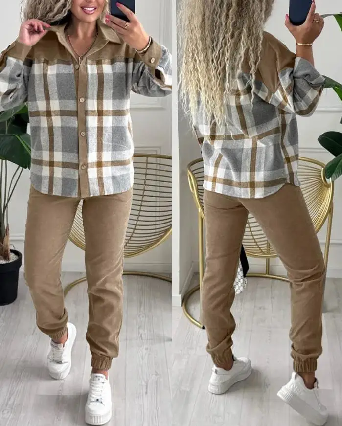 

2-piece set of checkered printed spliced folded collar, front button asymmetrical hem top and elastic waist jogging pants set