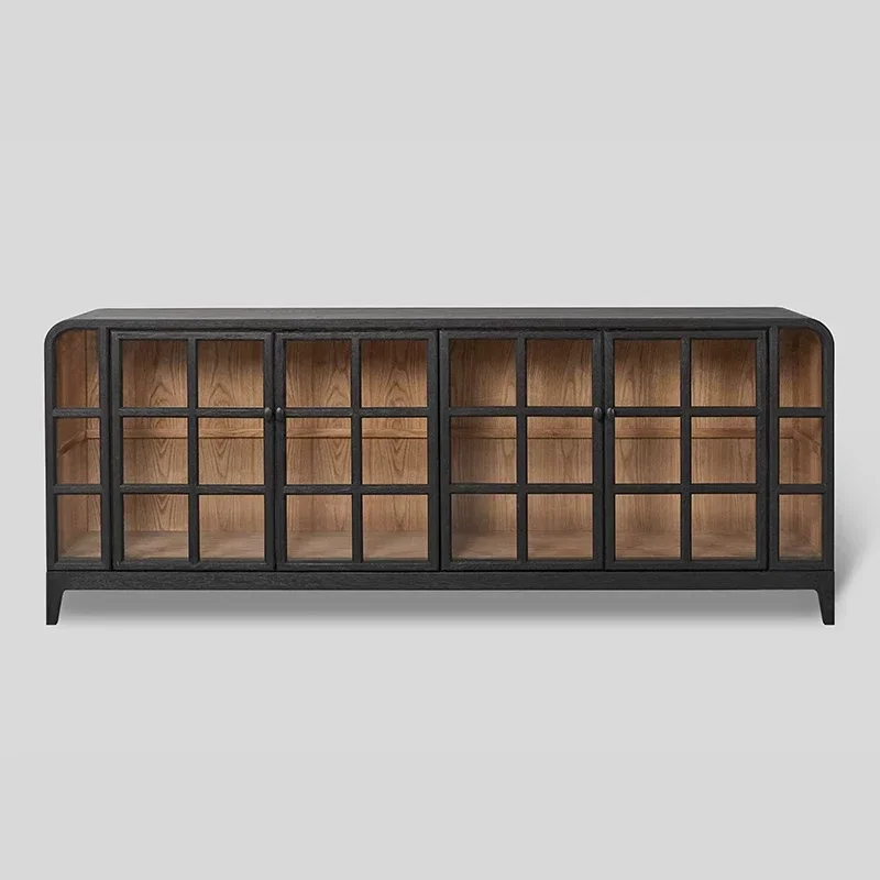 

Retro solid wood dining side cabinet medieval display cabinet black glass storage low cabinet