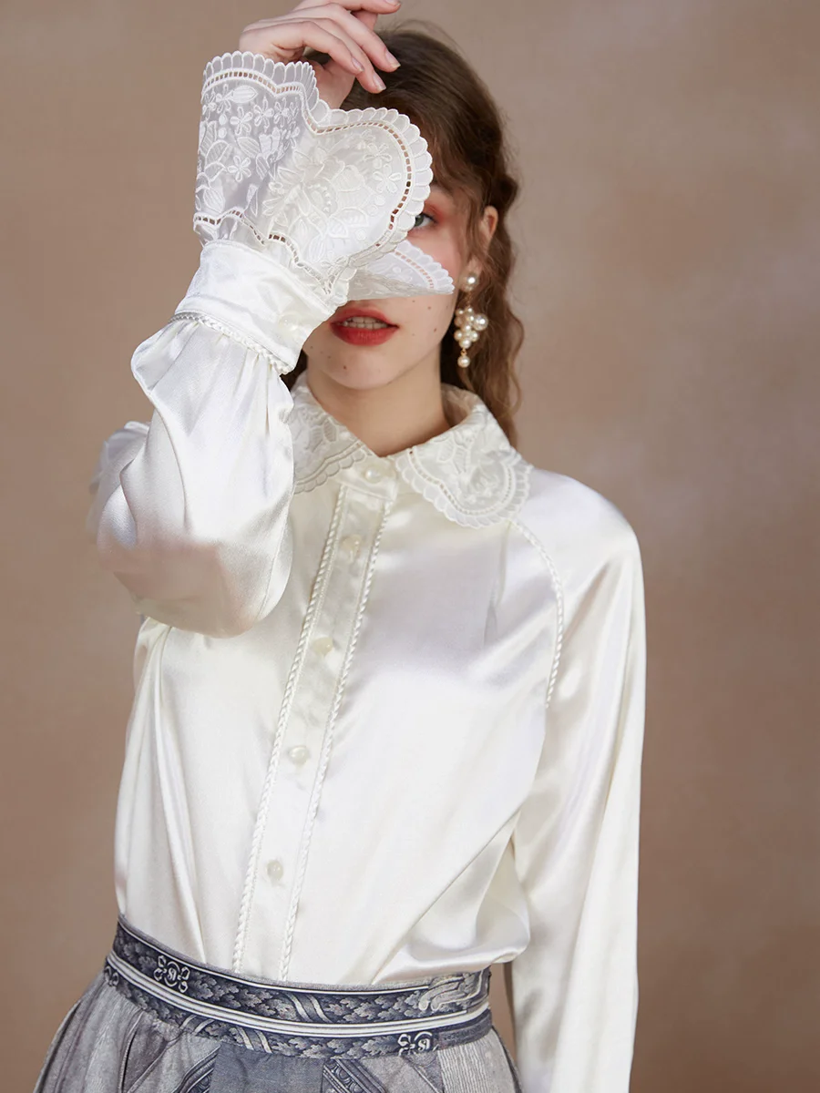 

98-106cm Bust Spring Autumn Original Design Women Vintage All-match Floral Embroidered White Shirts/Blouses