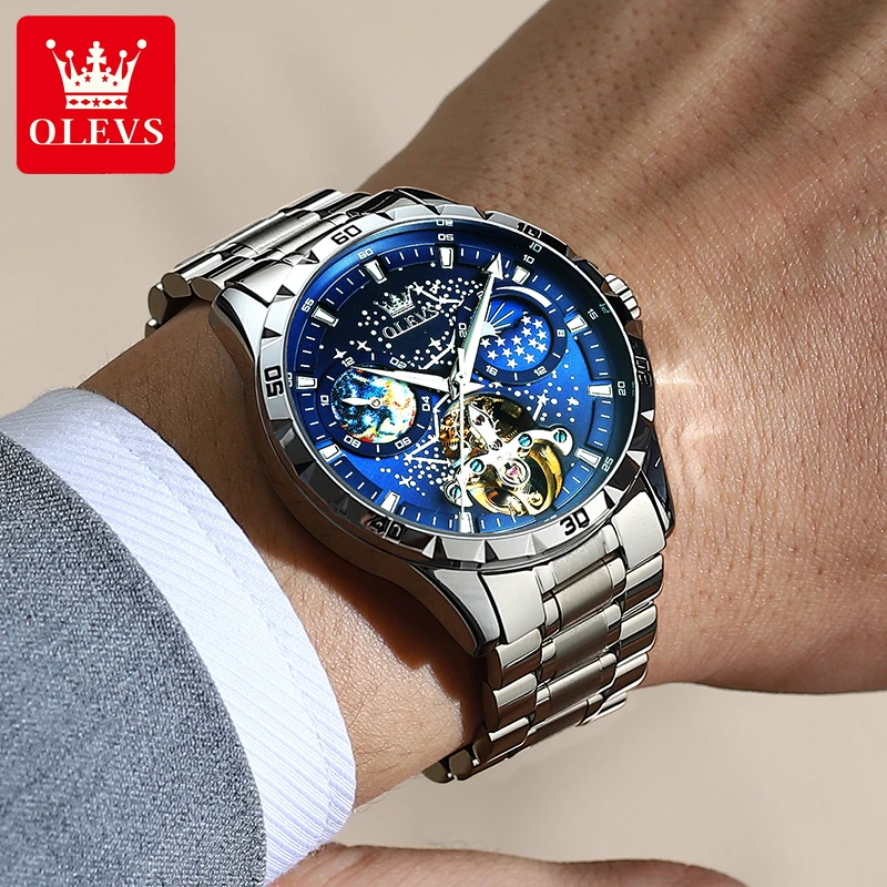 OLEVS 6689 Moon Phase Men's Watch Hot Sale Starry Sky Skeleton Flywheel Automatic Mechanical Watches for Man Luxury Man Watch