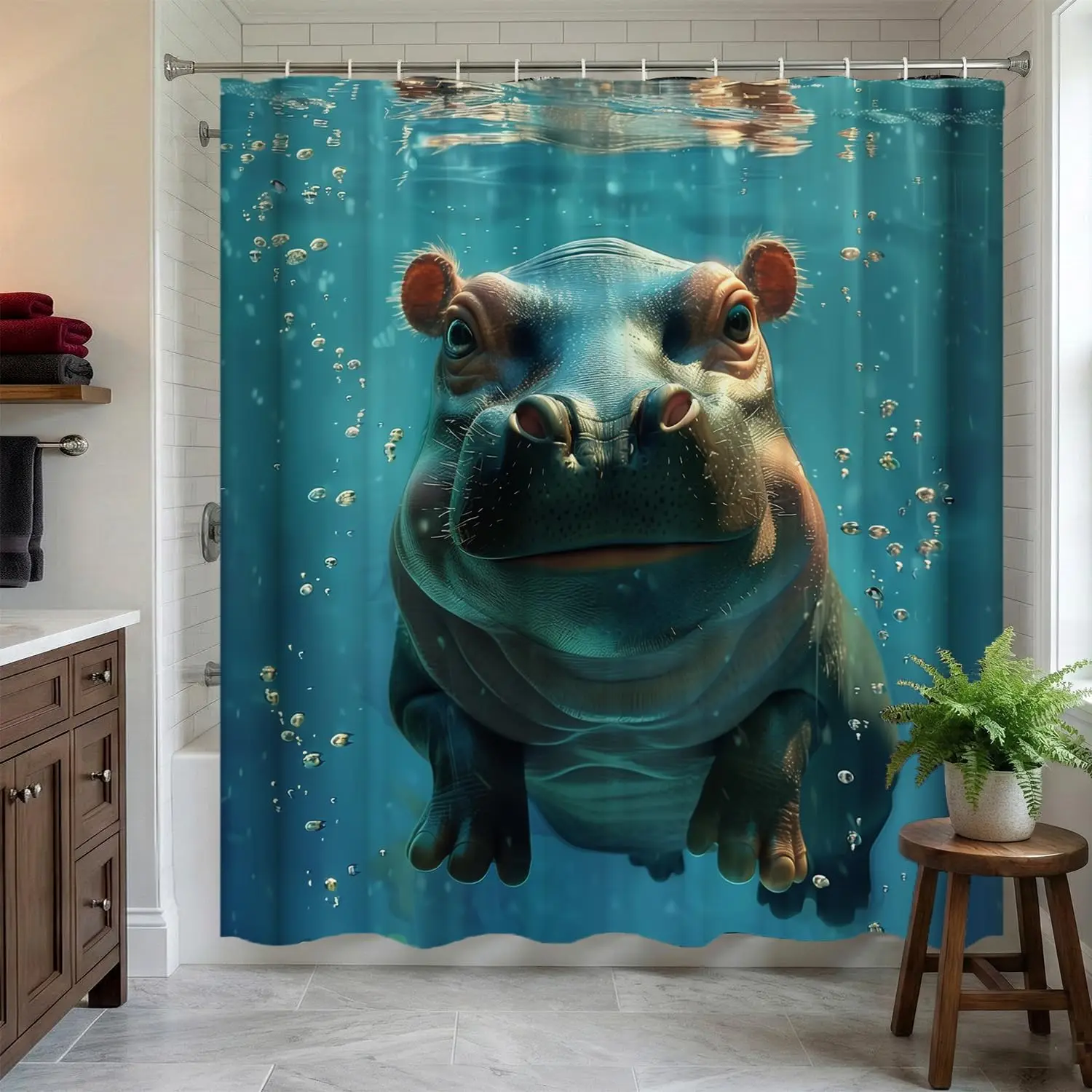 

Hippo Shower Curtains Set, Fabric Funny Animal Cute Diving Hippopotamus Blue Sea Water, for Bathroom Decor, with Hooks