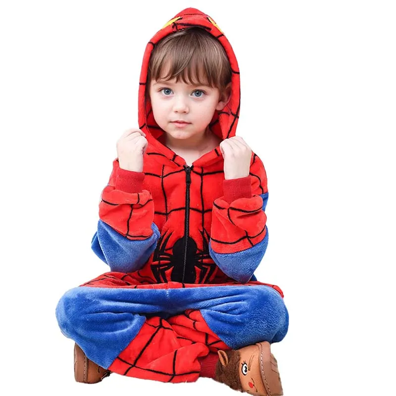 Spiderman Plush Pajamas Bodysuit Superhero Cosplay Costume Zipper Jumpsuits Warm Boys Girls Homewear Pyjamas Halloween Sleepwear