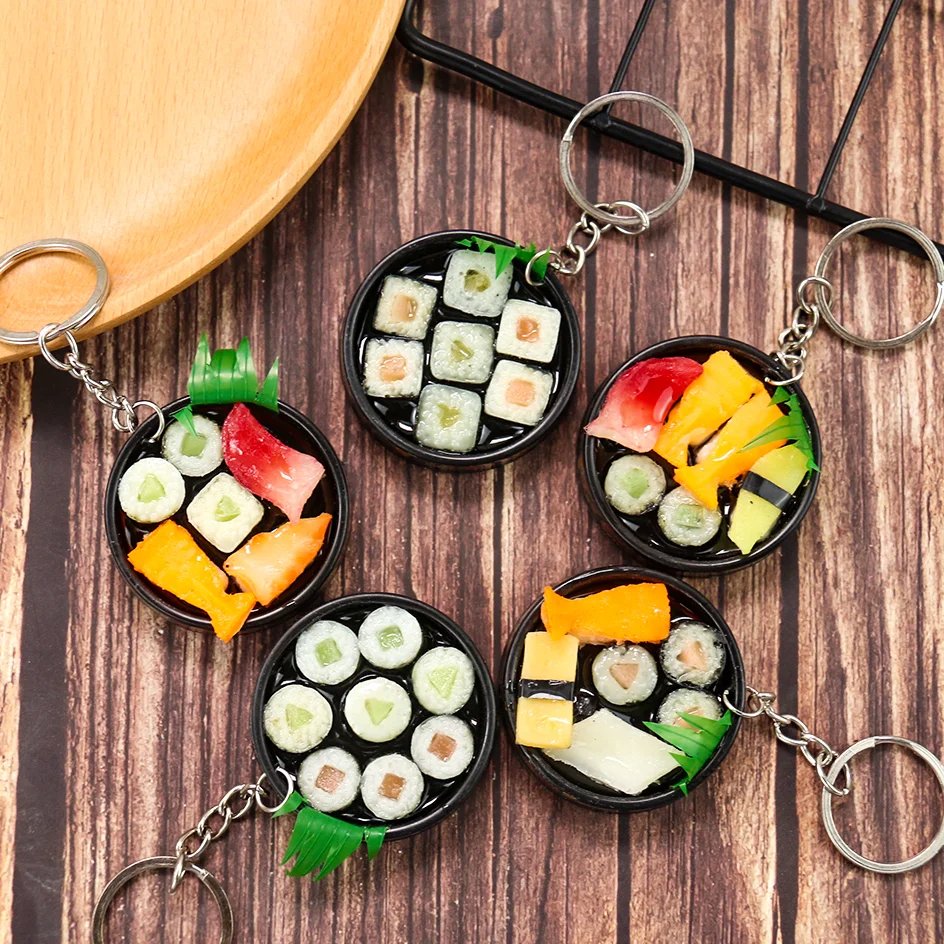 Fashion Japanese Food Sushi Keychain PVC Plate Salmon Seafood Fish Ball Key Ring Chain Holder Bag Backpack Ornament Jewelry Gift