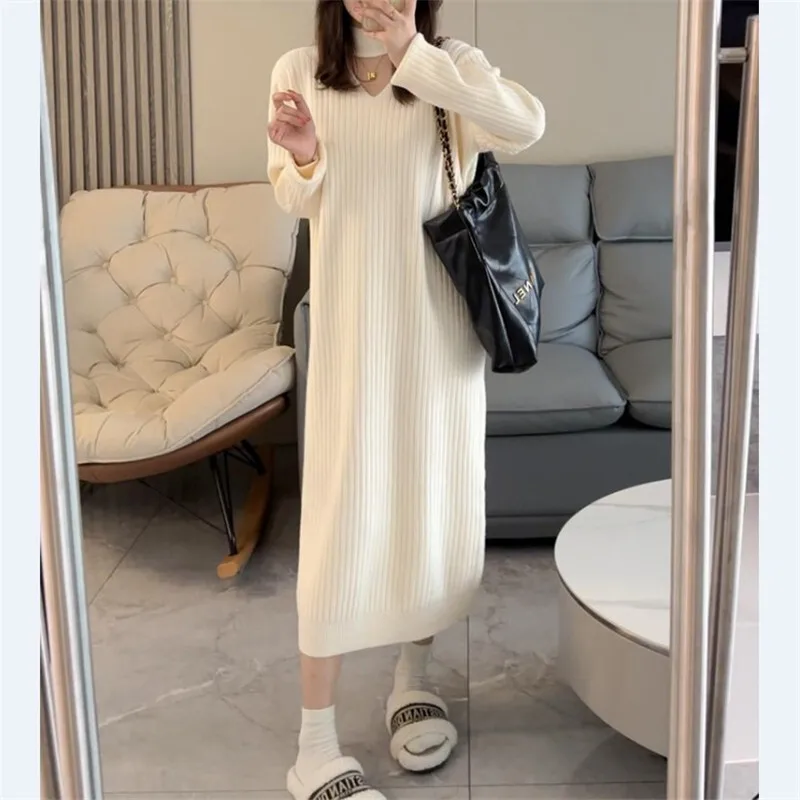 Outono inverno feminino solto sobre o joelho vestido de malha camada comprimento médio camisola vestidos longos