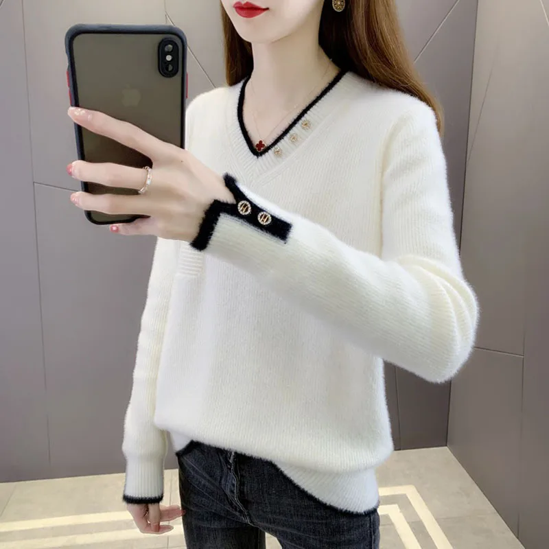 

Autumn Winter Fashion Mink Cashmere Sweater Women Casual Short Pullover Solid Color Pocket V-Neck Long Sleeve Knit Tops Female