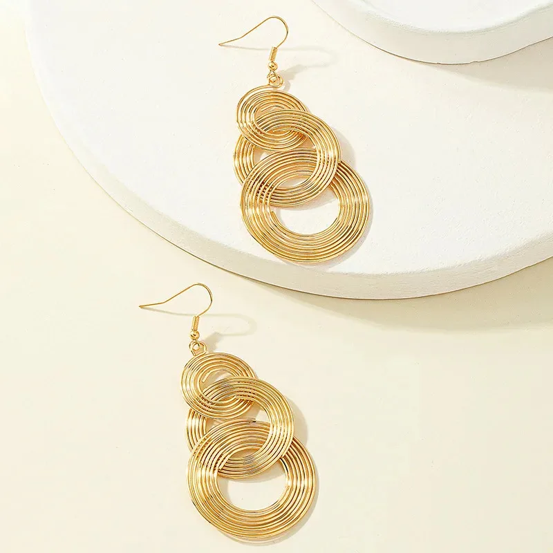Mode exagérer trois cercles multicouches boucle d'oreille pour les femmes longue couleur or bijoux tempérament cadeau de mariage de noël
