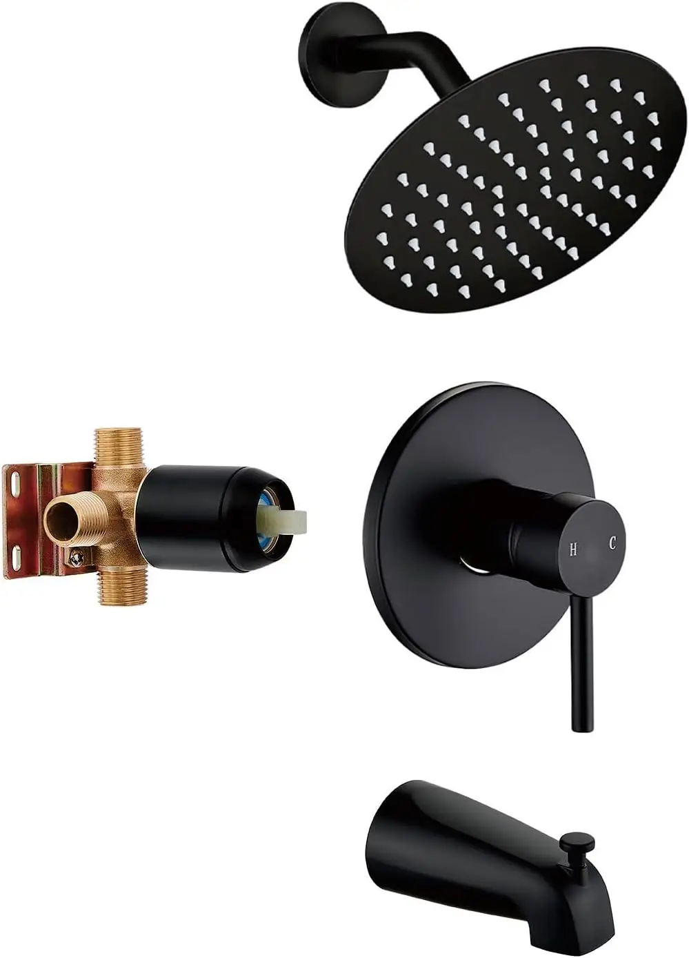 Matte Black Tub Shower Faucet Set with Rainfall Shower Head and Tub Spout, Round Trim Kit
