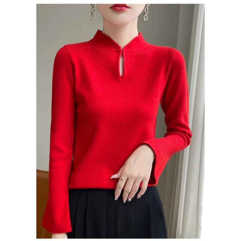 Chinesischen Stil Stehkragen Wolle Gestrickte Bodenbildung frauen Herbst und Winter Innere Tragen Design Pullover Schlanke Glocke Ärmeln
