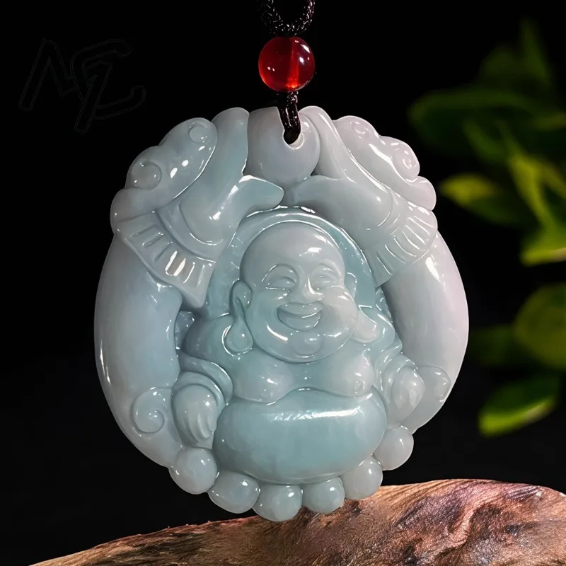 Real Jade Natural Emerald Double Dragon Smiling Buddha Pendant Necklace Carved Charm Jadeite Jewelry Fashion Charm Amulet Gifts view 3