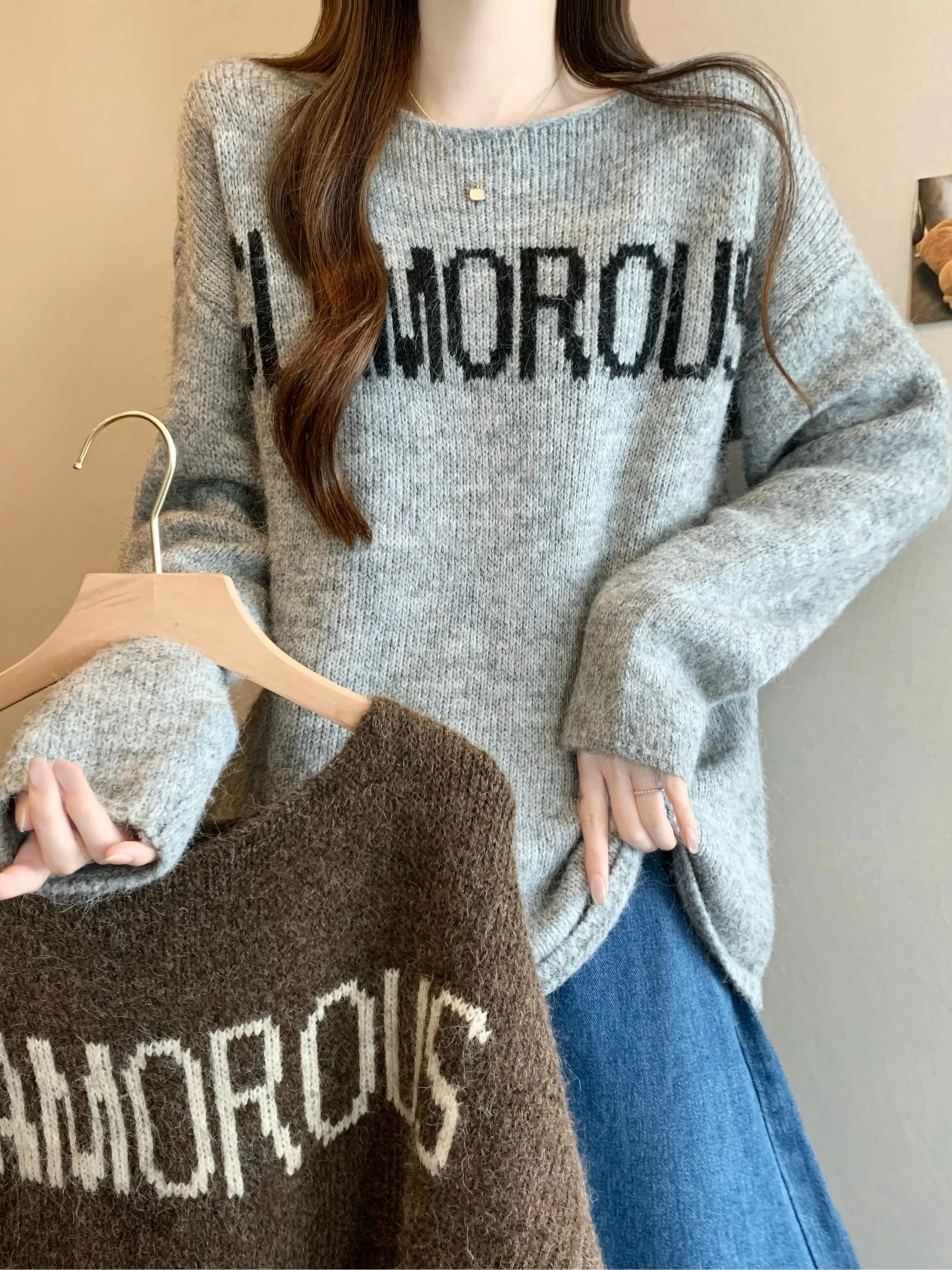 

Корейский вязаный свитер с надписью "Lazy Coffee Letter" для женщин, дизайн для ранней весны, повседневный универсальный топ с бахромой