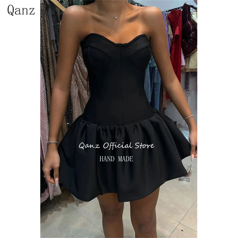 

Qanz Mini Black Satin Prom Dress Sweetheart Short A Line Vestido Cocktail Mujer Ruffled Sexy Event Party Gowns Customized