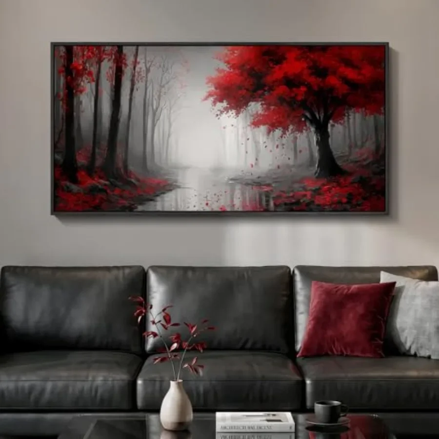 

Framed landscape wall art for living room, canvas with red and black white color scheme, misty forest scene featuring large red
