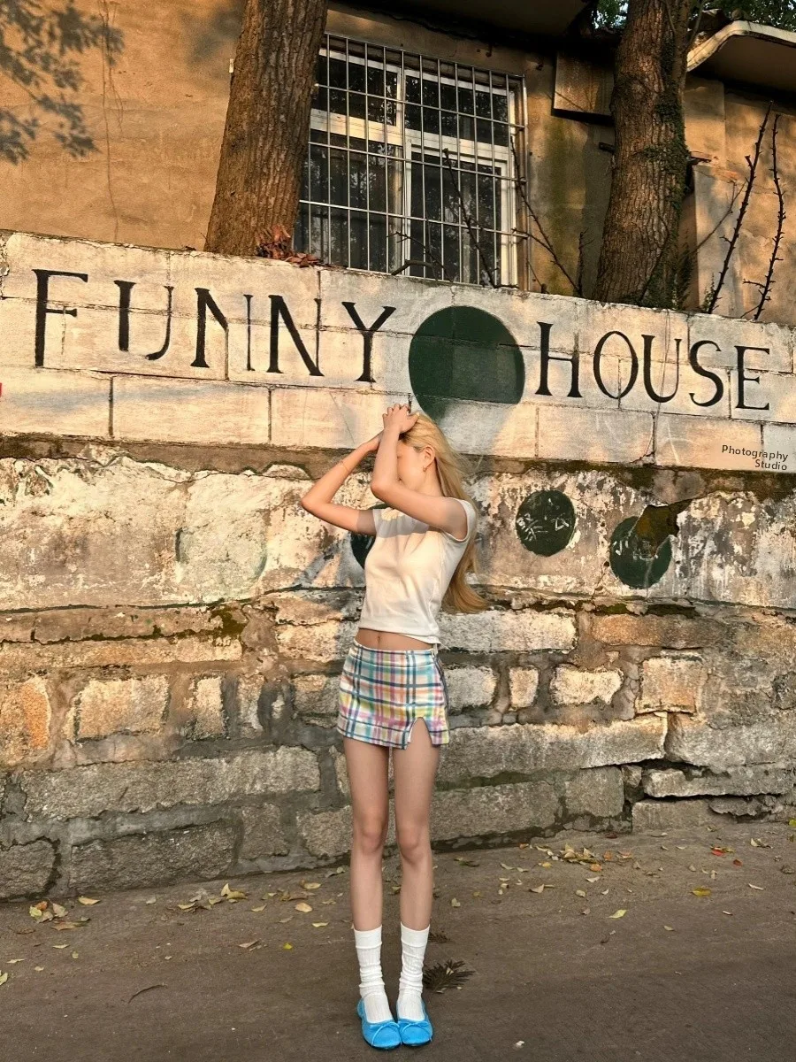 Niedrige Taille Plaid Print f Rock frauen Sommer Neue Sle Se Hosen Anti-Licht Split ort Rock Koreanische Sle pendeln