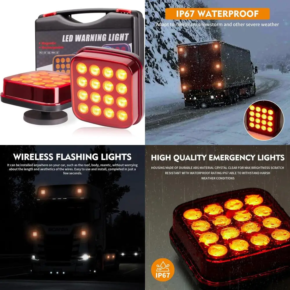 

Wireless Magnetic Strobe Lights Kit - Rechargeable Red Flashing Hazard Beacons for Trucks and Trailers