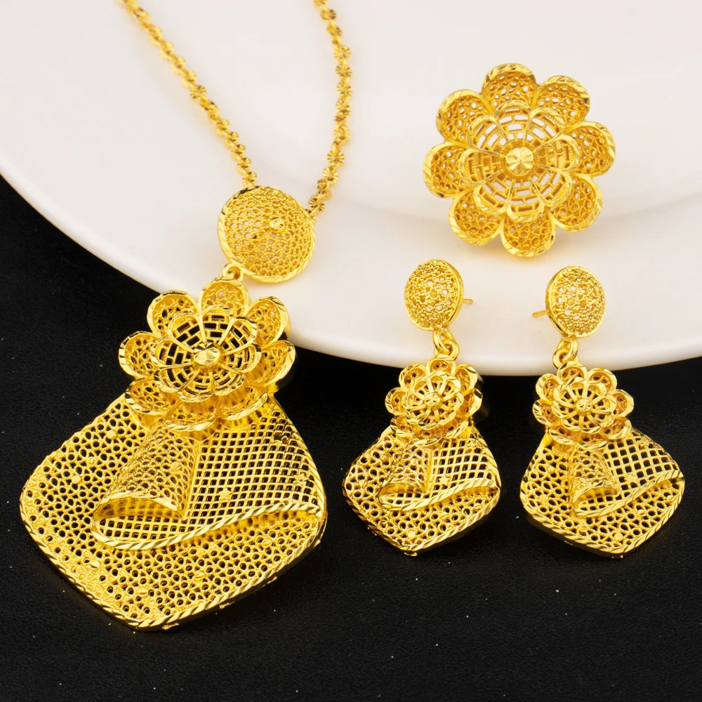 

Luxury 18k Gold Plated Jewelry Set for Women Wedding Italian Jewellery Sets Bride Necklace and Earrings Ring Set Wholesale