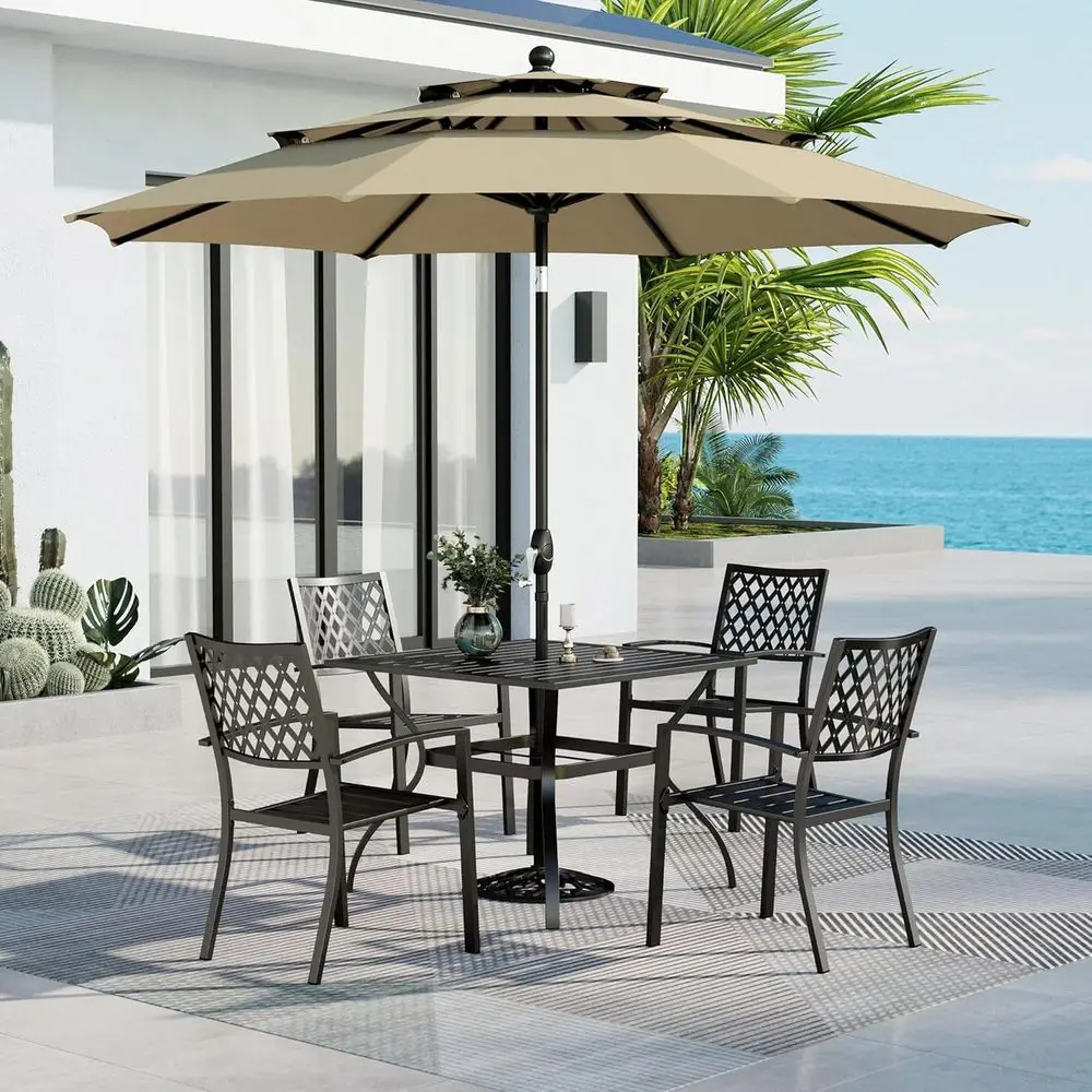 

6 Piece Patio Dining Set with 10t 3-Layer Round Umbrella, 1 Square 37"x 37"Dining Table, 4 x Metal Outdoor Dining Chairs and 1 P