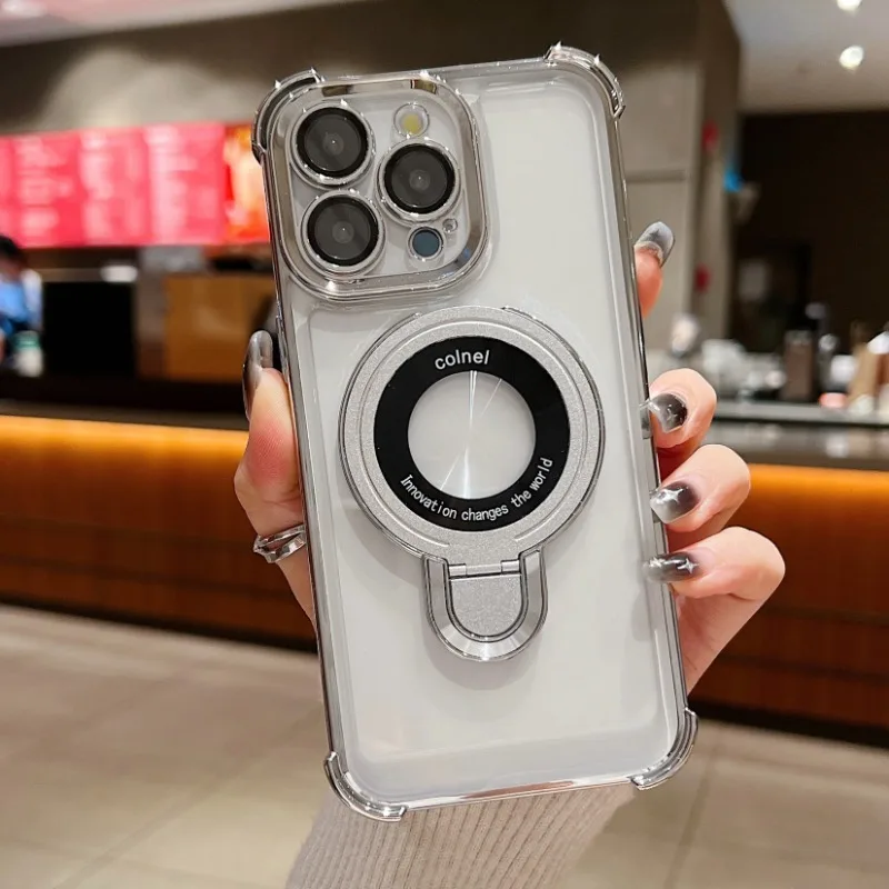 Luxury Plating Shockproof Magnetic Bracket For Magsafe Clear Case For iPhone 15 16 14 13 12 11 Pro Max With Holder Stand Cover