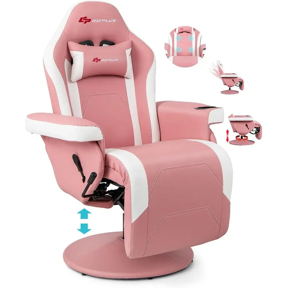 Ergonomic Massage Gaming Recliner with Cup Holder, Adjustable Sofa for Home Theater in Pink
