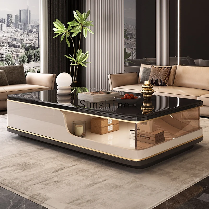 

Modern simple black glass coffee table creative design new hollow rectangular table small apartment household