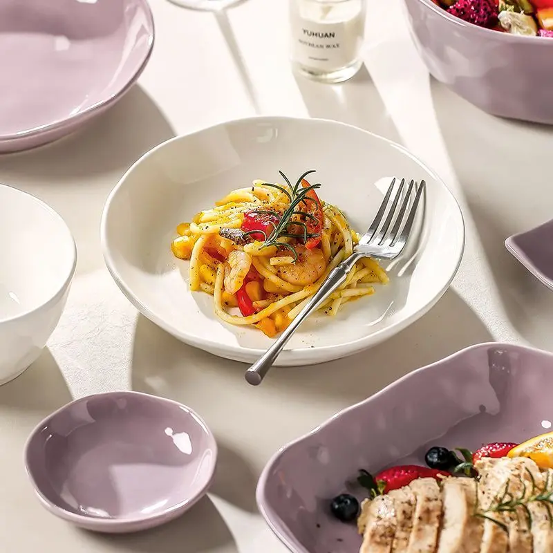 Purple milk white ceramic tableware set, high aesthetic French bowl and plate combination, a complete set