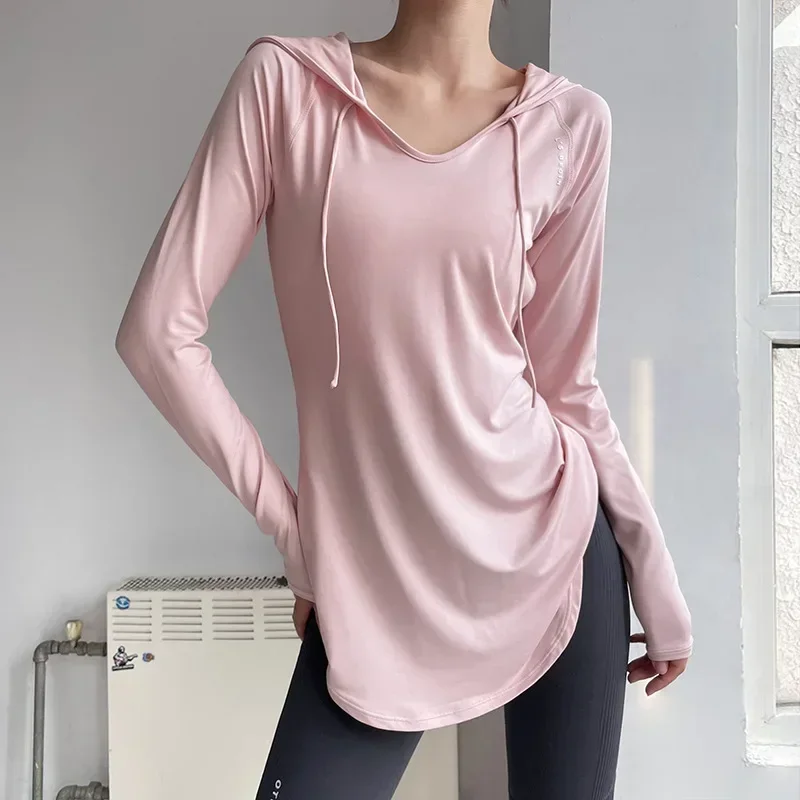 

Women's Loose-fit Long Sleeve Casual Sports Top Medium-length Yoga Vest Hooded Fitness Wear Sweatshirt Autumn