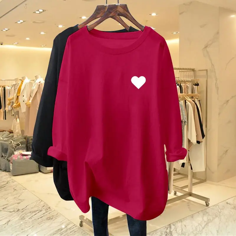 

Spring Autumn Long Sleeve T-Shirts Women Clothes New Loose Solid Color All-match Printing Round Neck Pullovers Top Korean Casual